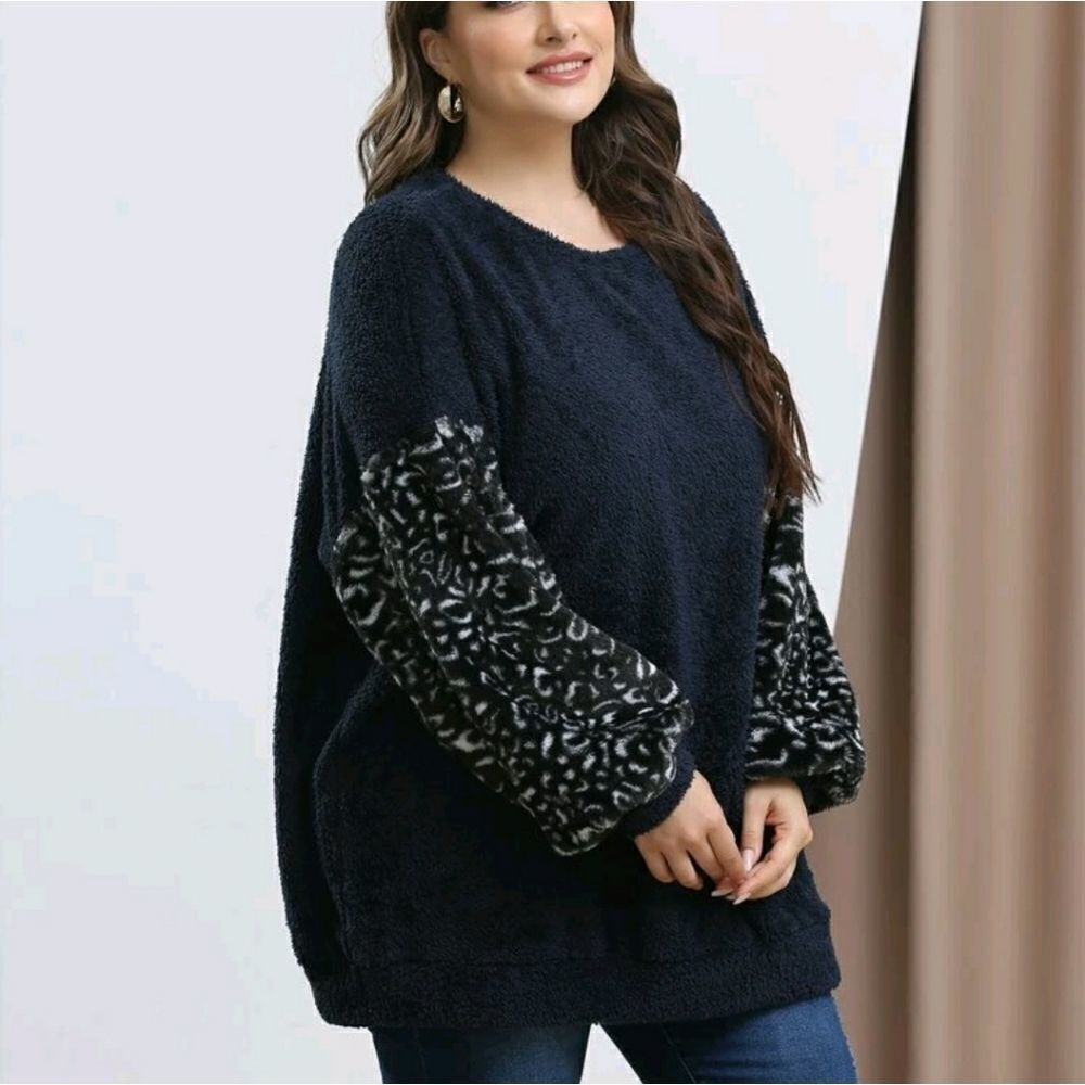 Plus Leopard Pattern Drop Shoulder Flannel Pullover - Picture 6 of 9